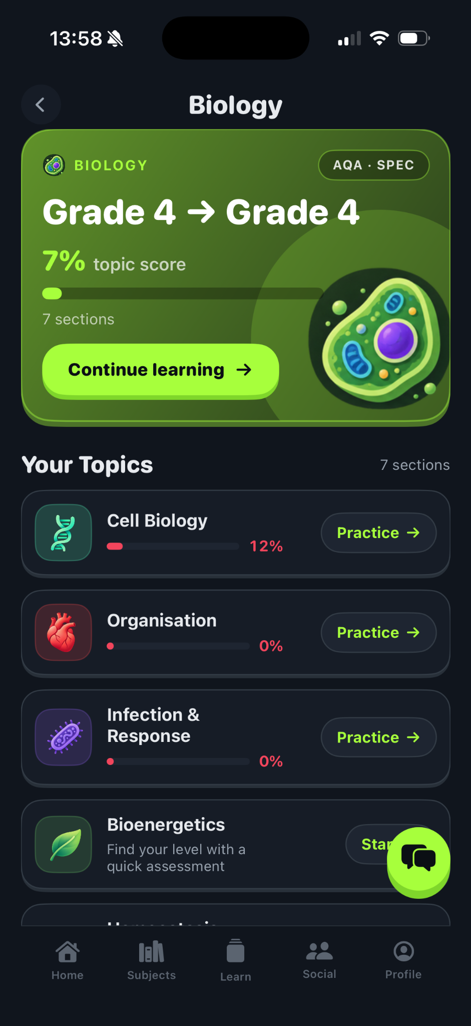 Actual Revaster Biology topic screen showing progress and practice options