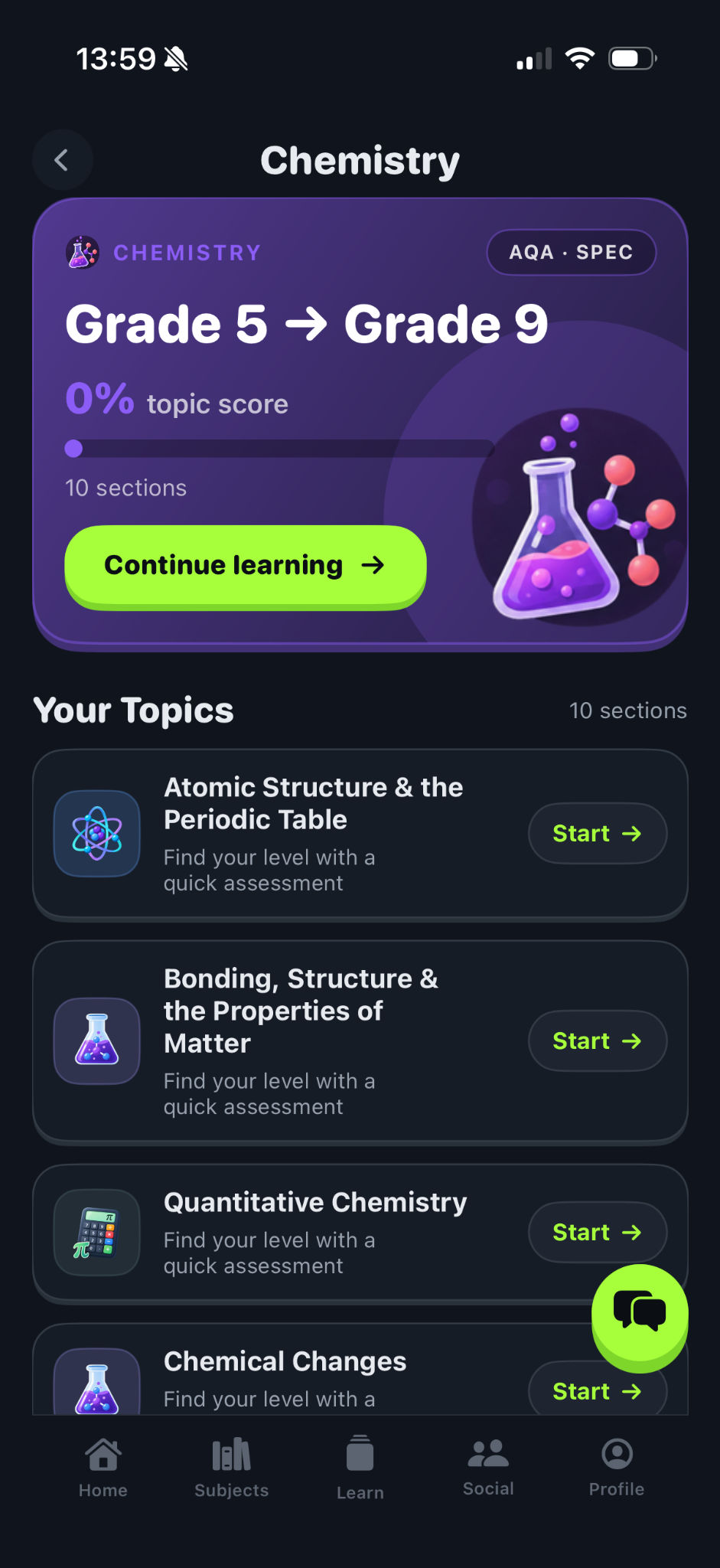Actual Revaster Chemistry topic screen showing exam-board specification and sections