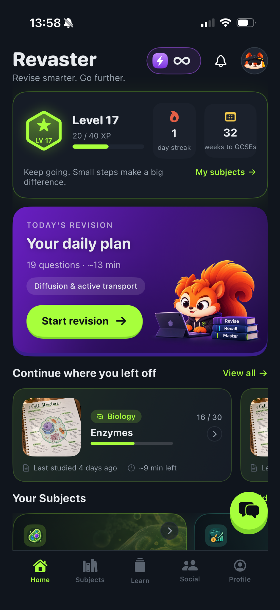 Actual Revaster home screen showing the daily revision plan, XP and progress