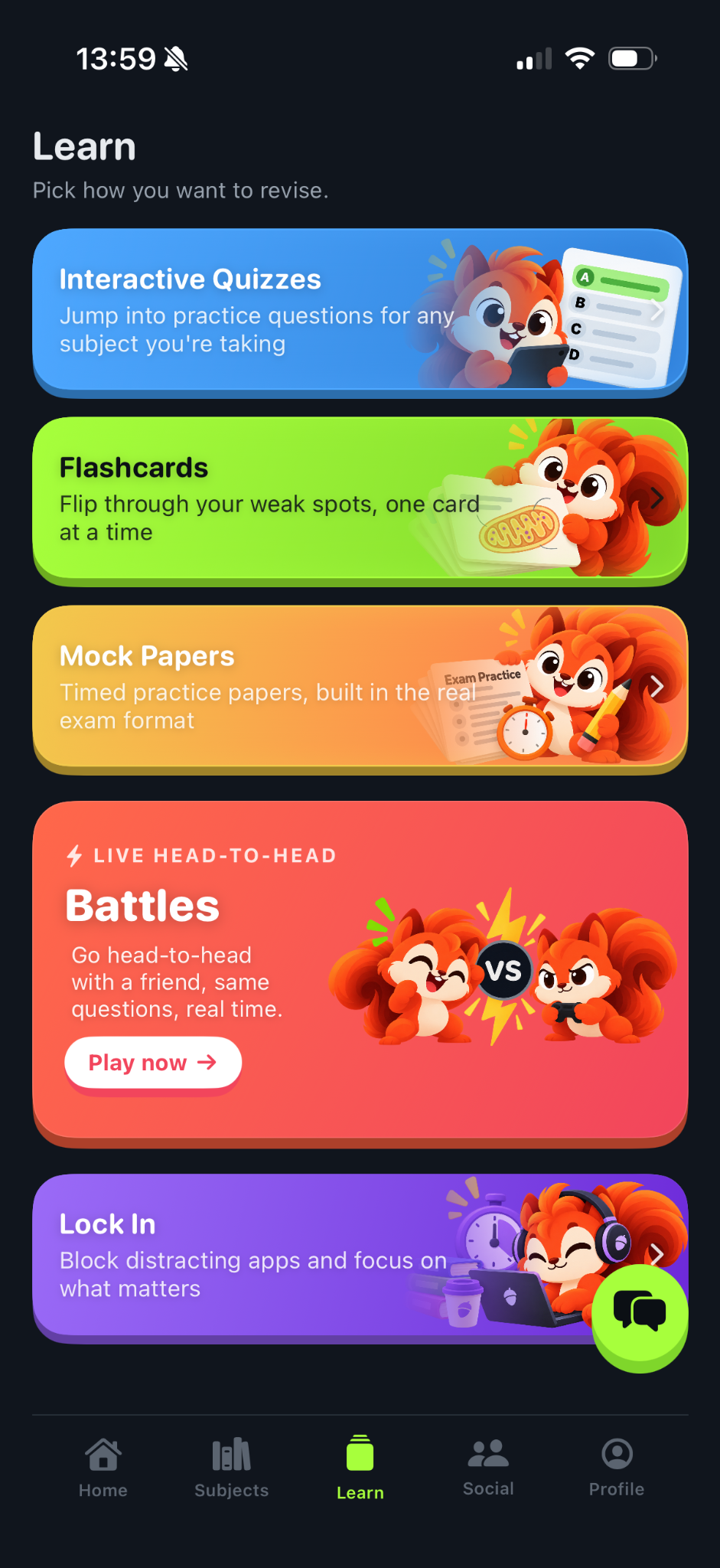 Actual Revaster Learn screen featuring quizzes, flashcards, mock papers, battles and focus mode