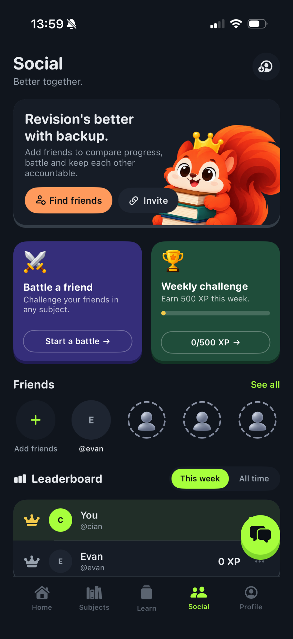 Actual Revaster Social screen with friend battles, weekly challenges and leaderboard