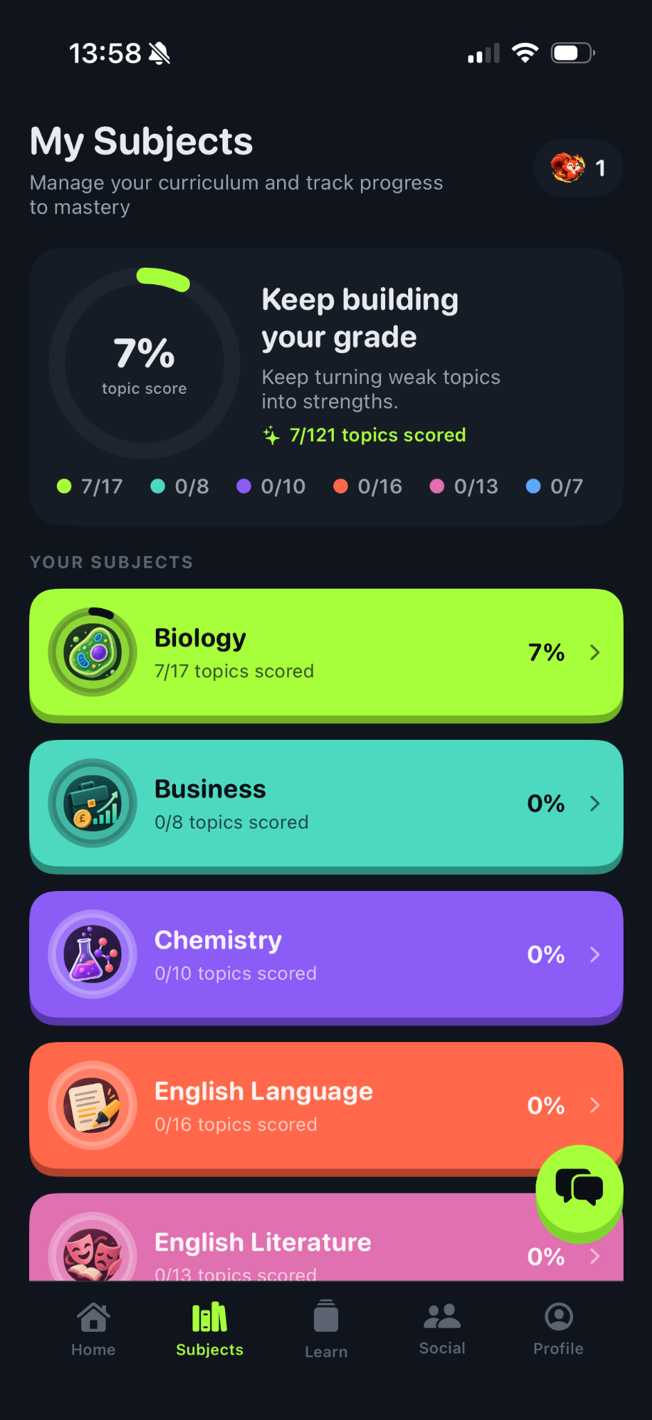 Actual Revaster My Subjects screen with individual subject progress and topic scores